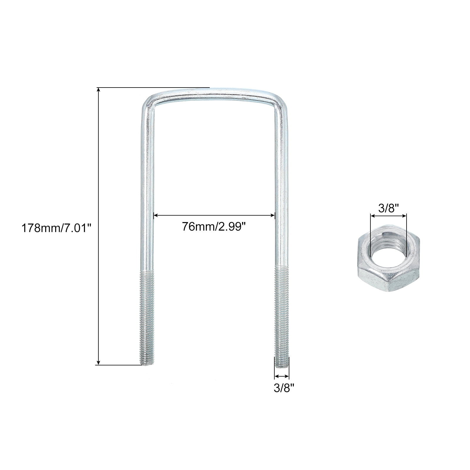 Square U-Bolts, 6Sets 76mm Inner Width 178mm Length 3/8" with Nuts and Plates