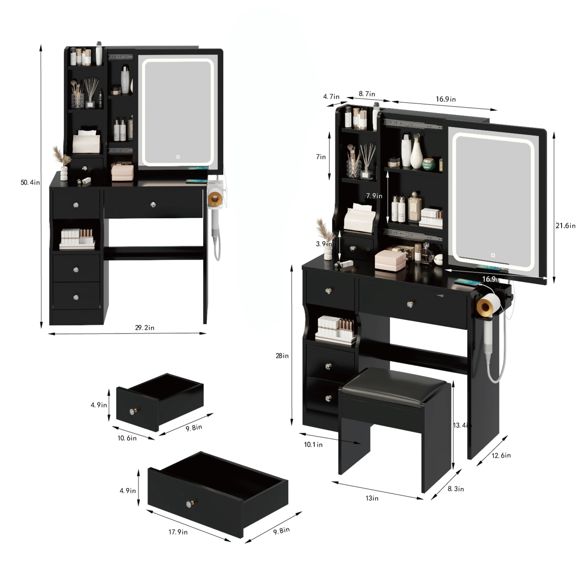 Left Drawer Desktop Vanity Table + Cushioned Stool Touch Control Sliding LED Mirror