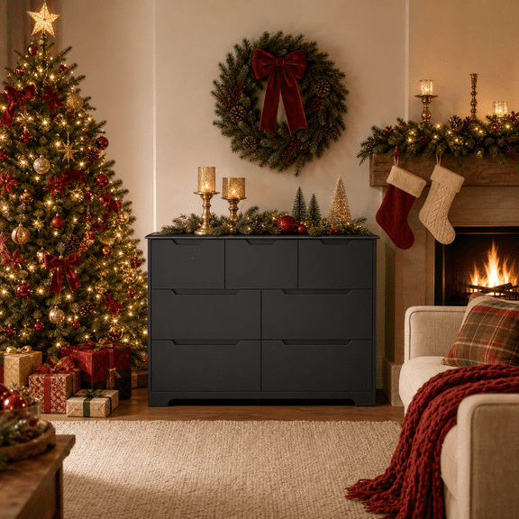 Aiho 7-Drawer Dresser for Bedroom, 47.2-Inch Wide Engineered Wood Storage Chest for Clothes and Holiday Essentials, Recessed Pulls, Anti-Tip Kit, Black