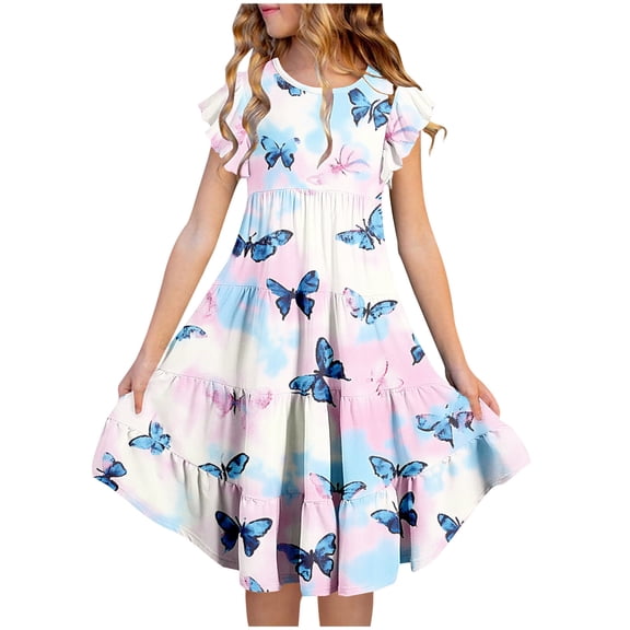 Fatuov Kids Girls Summer Dresses Short Sleeve Lightweight Dress for Everyday Floral Print Crew Neck Pleated Flowy Sundress with Pocket