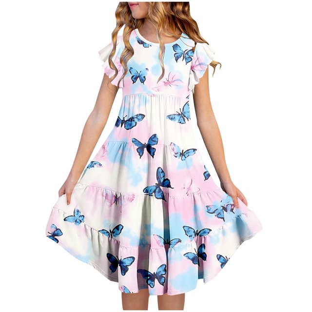 LOVZFMLL Robe d'Été à Fleurs pour Filles Manches Courtes Poches à Volants Col Rond Imprimé pour Enfants