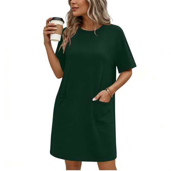 Women's Casual Short Sleeve T Shirt Dress Knee Length Crew Neck Loose Fit Tunic Dress Functional Side Pockets Elegant Minimalist Loungewear Vacation Summer Shift Dress