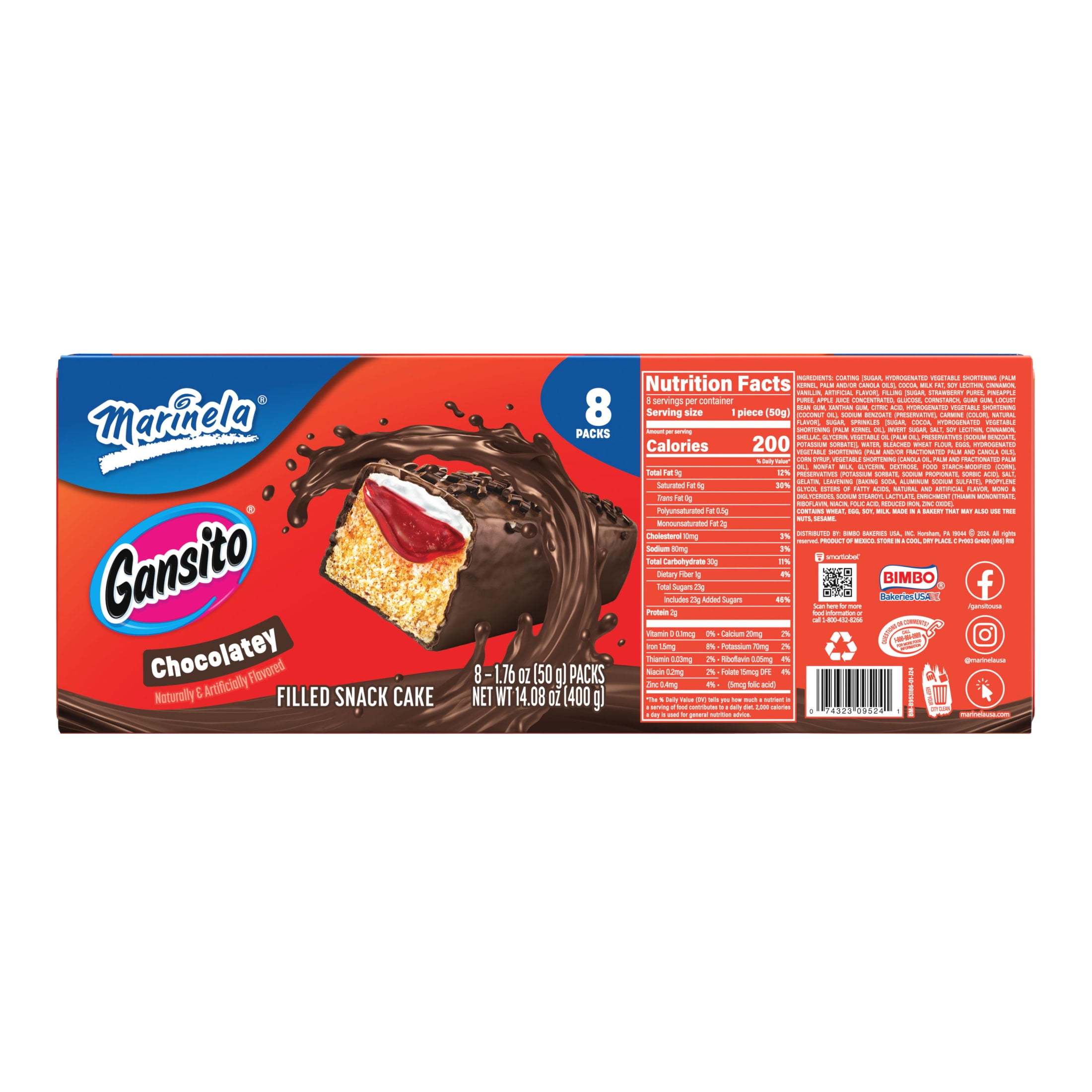 Marinela Gansito Chocolatey Filled Snack Cake, 8 packs, Strawberry, Chocolate and Crème Snack Cakes, 14.08 oz Multipack