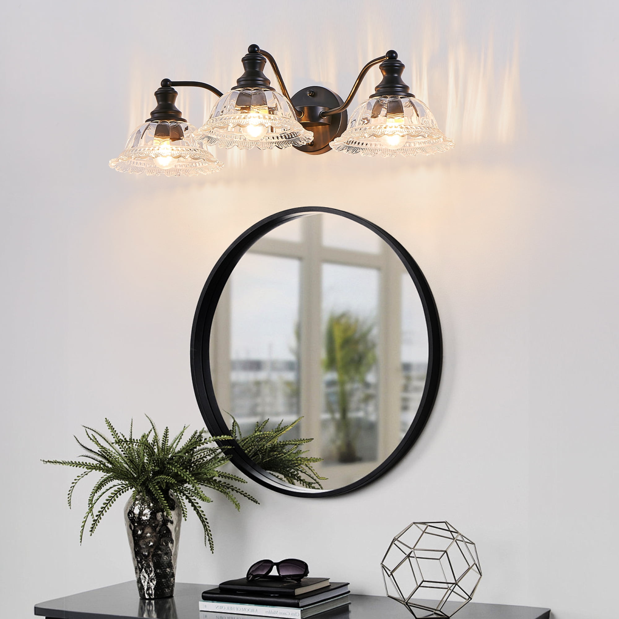 Vintage 3-Light Bathroom Vanity Light, Wall Sconce with Clear Glass Shades, Matte Black Finish Modern, 24-Inch