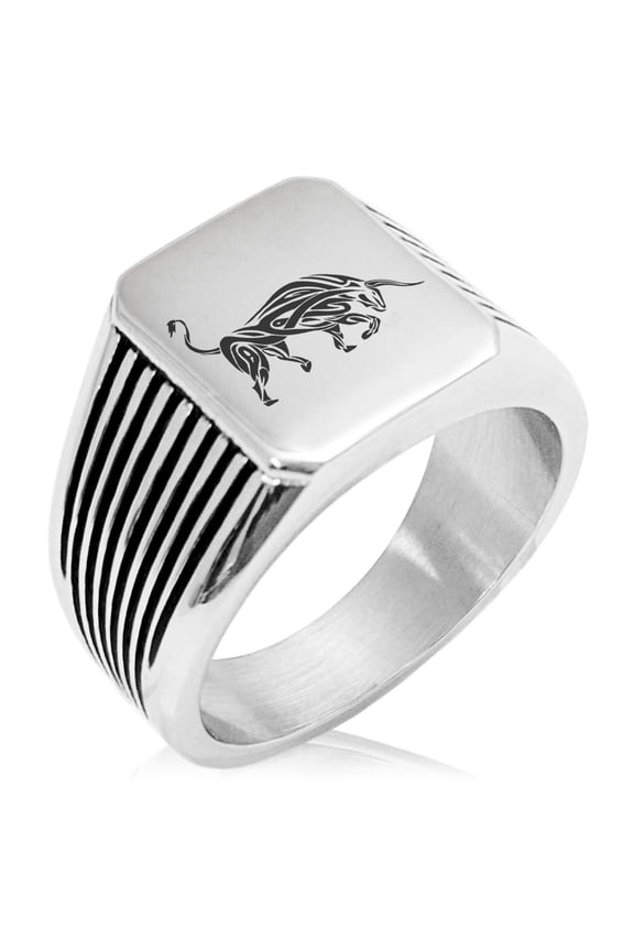 Stainless Steel Celtic Bull Rune Needle Stripe Pattern Biker Style Polished Ring