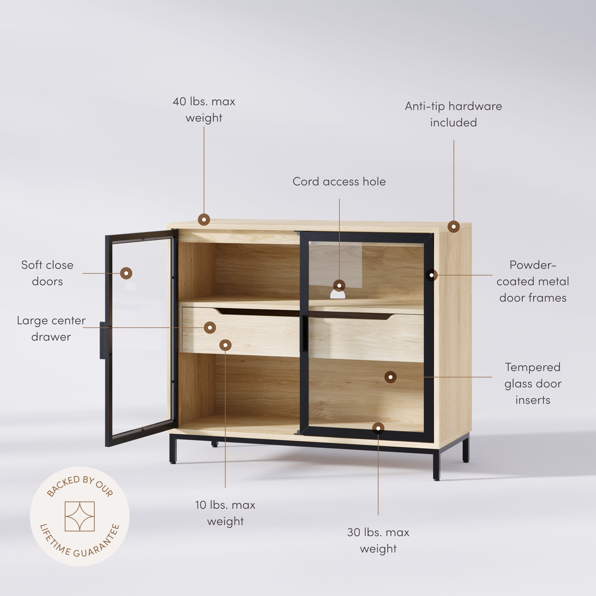 Nathan James Mackenna Metal and Glass Sideboard Accent Cabinet with Two Doors, Oak Credenza for Kitchen or Living Room