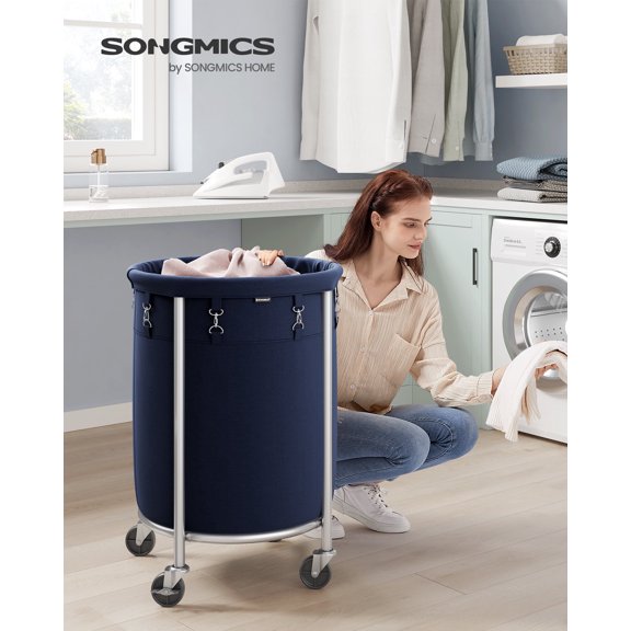 Laundry Basket with Casters, Rolling Laundry Hamper, 29 Gal., Round Laundry Cart, 4 Casters and 2 Brakes, Charcoal Blue and Metallic Silver