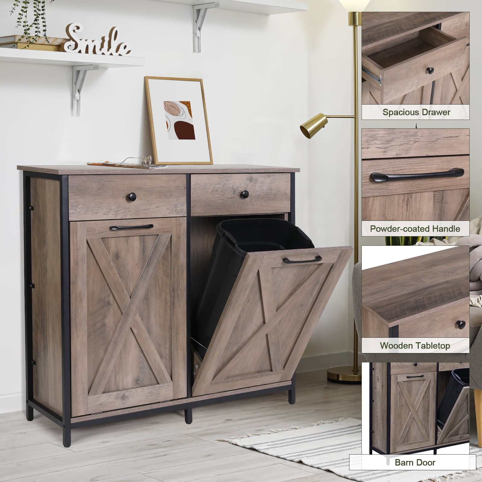 LAZY BUDDY Double Tilt Out Trash Cabinet, 20 Gallon Storage Cabinet with Hideaway Drawer, Free Standing Laundry Hamper Kitchen Trash Can Holder, Gray