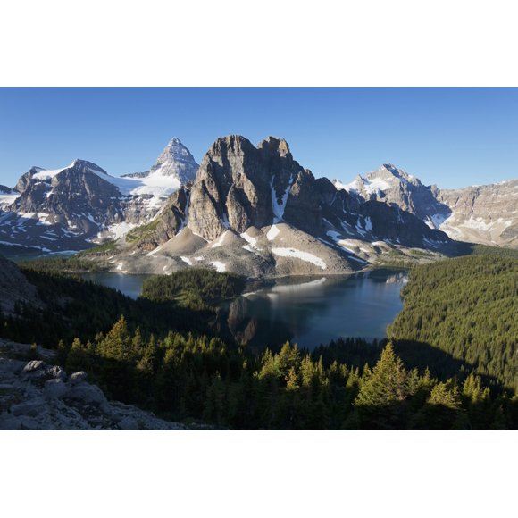 Sunburst Peak with Sunburst Lake (left) and Cerulean Lake (right), and Mount Assiniboine, Mount Assiniboine Provincial Park; British Columbia, Canada Poster Print (36 x 24)