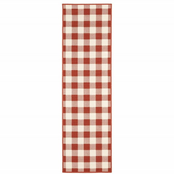 2' X 8' Red Geometric Stain Resistant Indoor Outdoor Area Rug