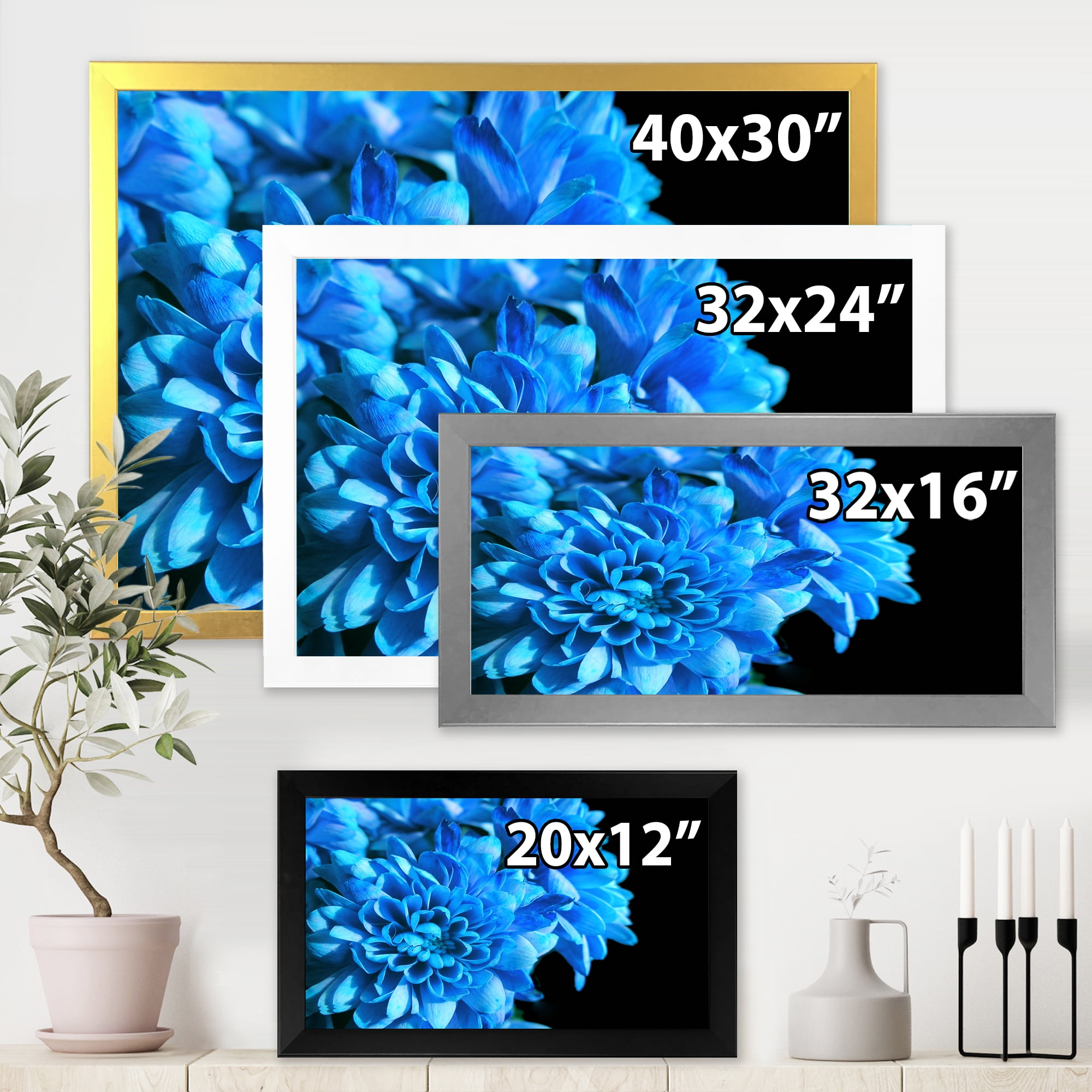 Designart 'Detail of Blue Flowers On Black Background I' Traditional Framed Art Print