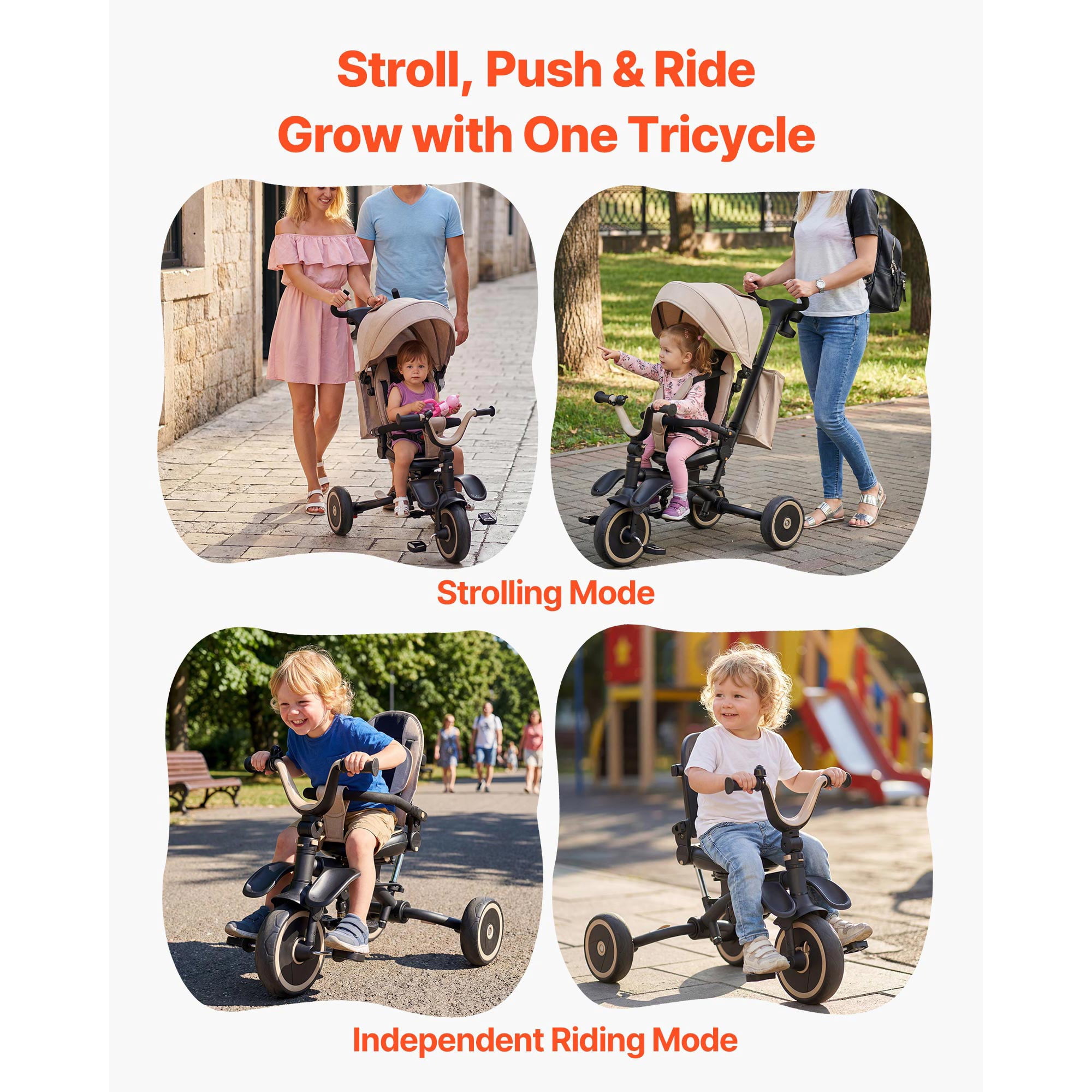 KFFKFF 7-in-1 Toddler Tricycle & Stroller for Ages 18 Months to 5 Years, Kids Trike with Push Handle, Adjustable Canopy, Rotating Seat, and Storage