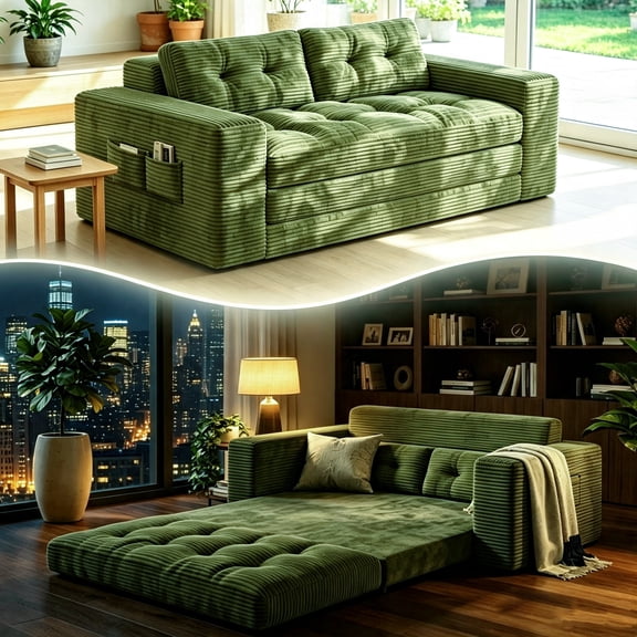 Boneless Convertible Floor Sofa Bed, Lofka 59" Folding Loveseat Couch for Small Spaces, Corduroy 2 Seater Lounge Sleeper with 2 Pillows & Pockets for Living Room, No Assembly, Green