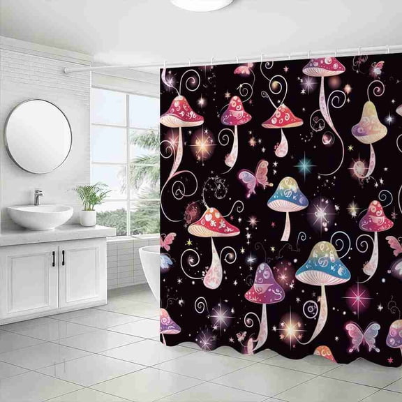 70x70 inch Black Glowing Magic Mushroom Butterfly Shower Curtain, Waterproof Polyester Fabric with Hooks for Bathroom Decor
