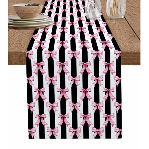 Cute Pink Bow Table Runner 72 Inches, Black White Striped Preppy Aesthetic Bed Runner Dresser Scarves Tabletop for Indoor Outdoor Parties/Ceremony/Banquet, 13" x 72"