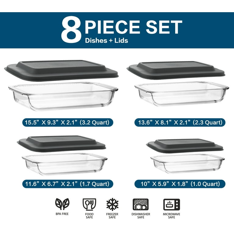 8-Piece Glass Bakeware Set with Lids, Rectangular Glass Baking Dish with BPA-Free Lid, Glass Pans for Baking, Freezer and Oven Safe, Size: 1 Quart (