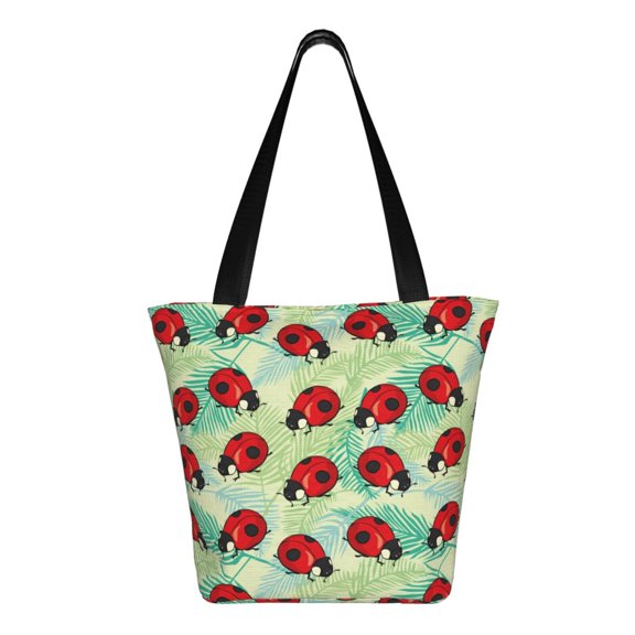 Uemuo Red Ladybugs And Leaf Print Tote Bags for Women,Large Capacity Corduroy Bag,Reusable Grocery Shoulder Bag,Beach Tote with Zipper Closure, Daily Essentials