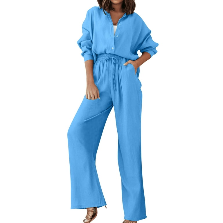 ZHAGHMIN Two Piece Outfits For Women Classy Women Pleated 2 Piece Pants  Outfits Casual Loose Button Shirt Blouse Top Long Wide Leg Palazzo Pants  Set