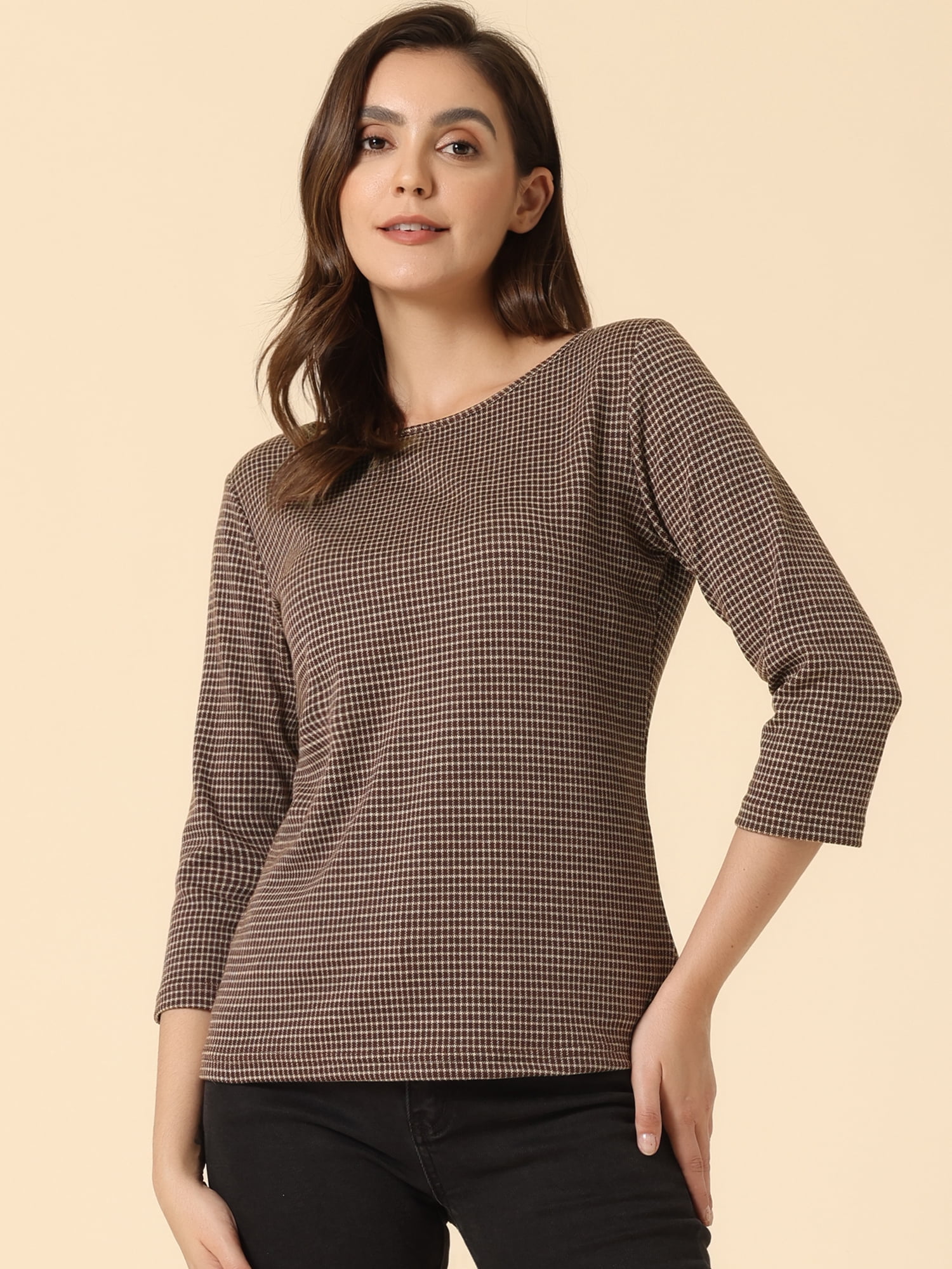 Unique Bargains Women's Work Office 3/4 Sleeve Boat Neck Houndstooth Top M Brown Khaki