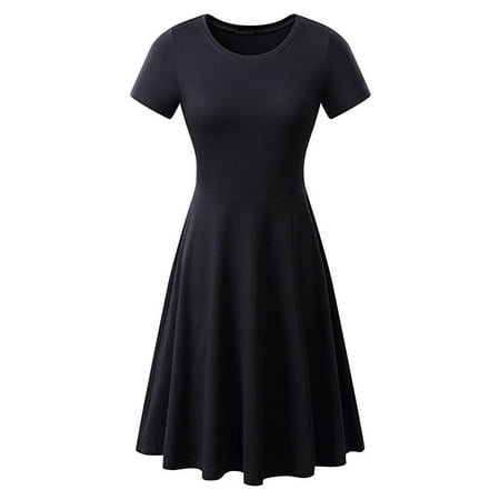 Elegant Casual Dress Womens Dress Elastic Short Sleeve Summer Elegant Knee-Length Round Neck Tunic Casual Pleated Solid Dresses ()