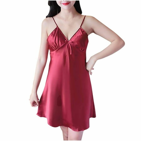 Wyobmus Women s Satin Nightgown Comfortable Sleeveless Bowtie Pj Dress Solid V Neck Adjustable Slit Sleepwear Full Slip Babydoll Sleepwear Burgundy