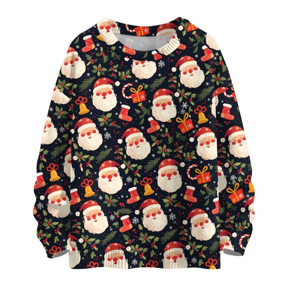 WTOBBY Women's Casual Long Sleeve Woolen Christmas Sweatshirt, Holiday Print Pullover with Cute Design, Cozy Fall and Winter Top for Vacation and Parties,Black L