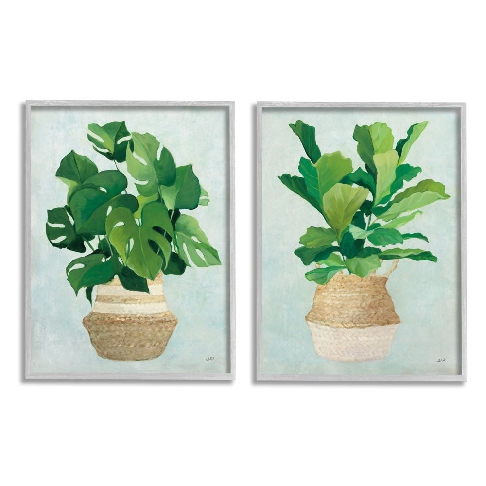 Stupell Industries Serene Monstera Indoor Plant Minimal Green Tan Framed Wall Art Design by Julia Purinton, 2 Piece, 16" x 20", Gray Framed