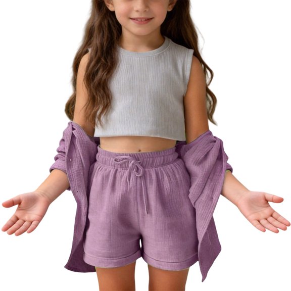Iyufng Girls' Outfit Sets 2 Pieces, Solid Color Long Sleeve Button-Down Shirt and Shorts Set, Summer Casual Clothing Sets