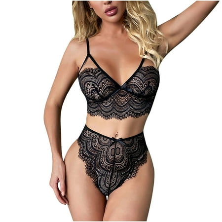 

Bigersell Lace Lingerie for Women Split Two-piece Pure Color Lace Pajamas Lingerie Set Bow Lingerie Sleepwear for Ladies