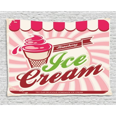 - Ice Cream Decor Tapestry, Retro Strawberry Ice Cream Logo in Soft Tones Homemade Pop Art, Wall Hanging for Bedroom Living Room Dorm Decor, 60W X 40L Inches, Hot Pink Maroon Cream, by Ambesonne
