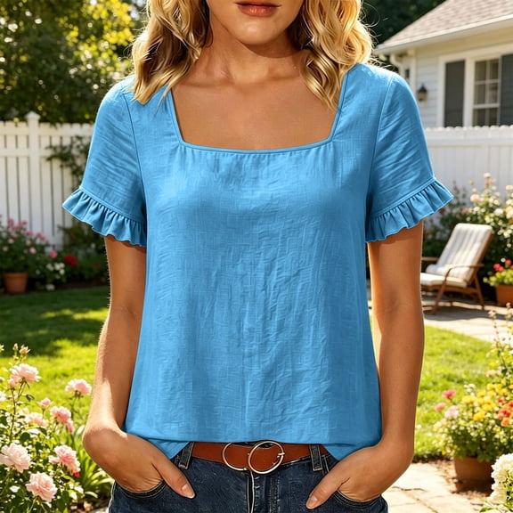 QUNYINEY Ruffle Oversized T Shirts for Women Cotton Linen Summer Short Sleeve Tunic Tops Loose Fit Square Neck Casual Pullover Solid Shirts