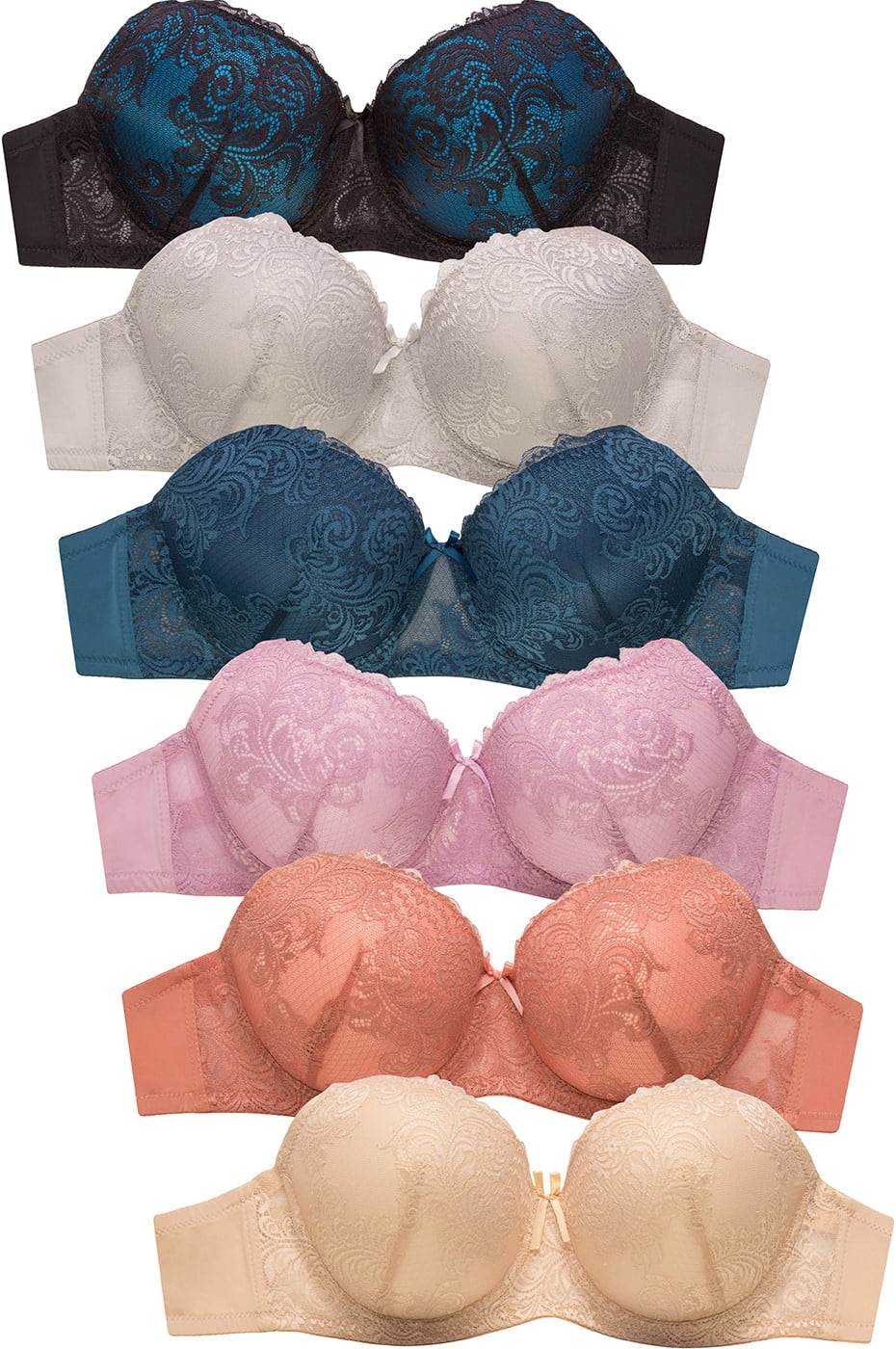 Cup D BR4161LD4 6-PACK Sofra Women's Full Cup Lace Bra Wide Straps 3 Hooks 