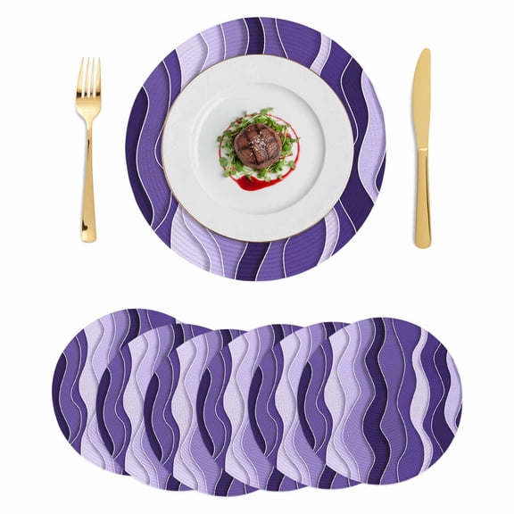 Purple Ombre Round 15 Inch Placemats Set of 6, Abstract Art Moire Ocean Waves HeatResistant Non Slip Place Mats for Dining Table, Wipeable Braided Kitchen Table Mats for Housewarming