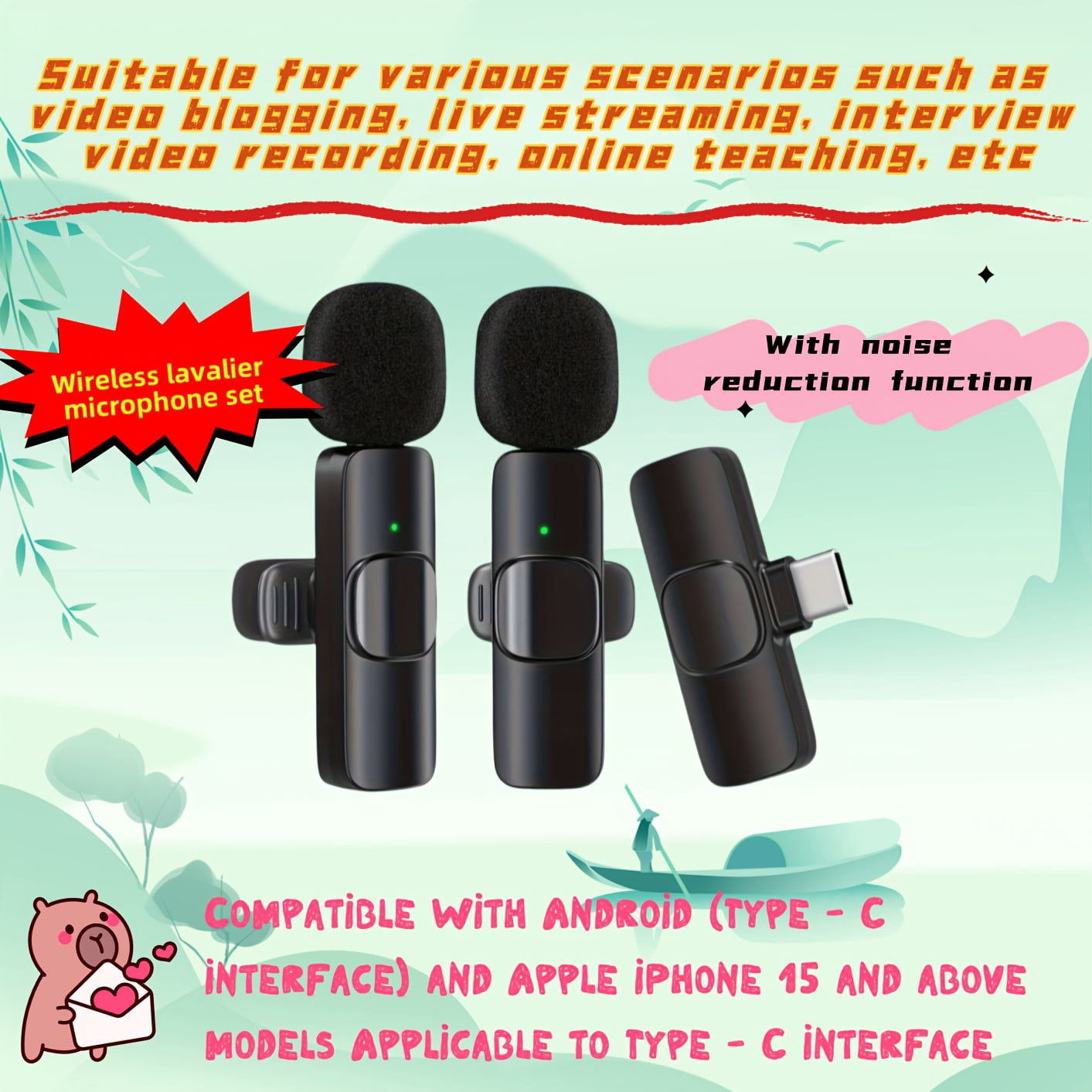 1-to-2 Wireless Lavalier Microphone for Type-C | Dual Mic System for Phones & Computers | Plug-and-Play, Smart Noise Cancellation | Crystal-Clear Audio for Interviews, Vlogging, Teaching