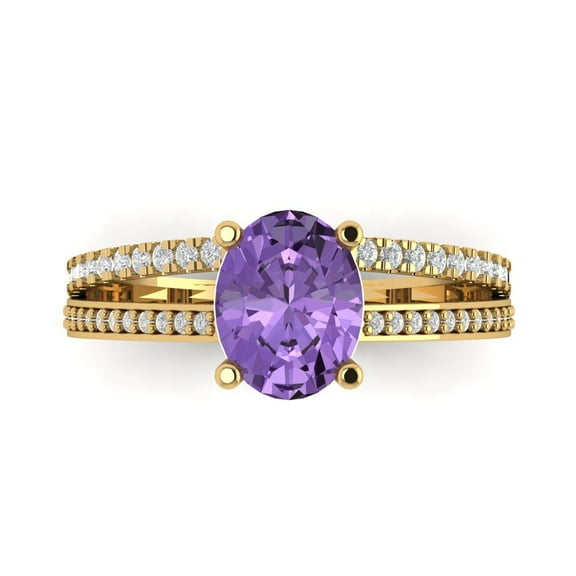 2.32 ct Oval Cut Simulated Alexandrite Solitaire with Simulated Diamond Accents 18K Yellow Gold Womens Engagement Ring