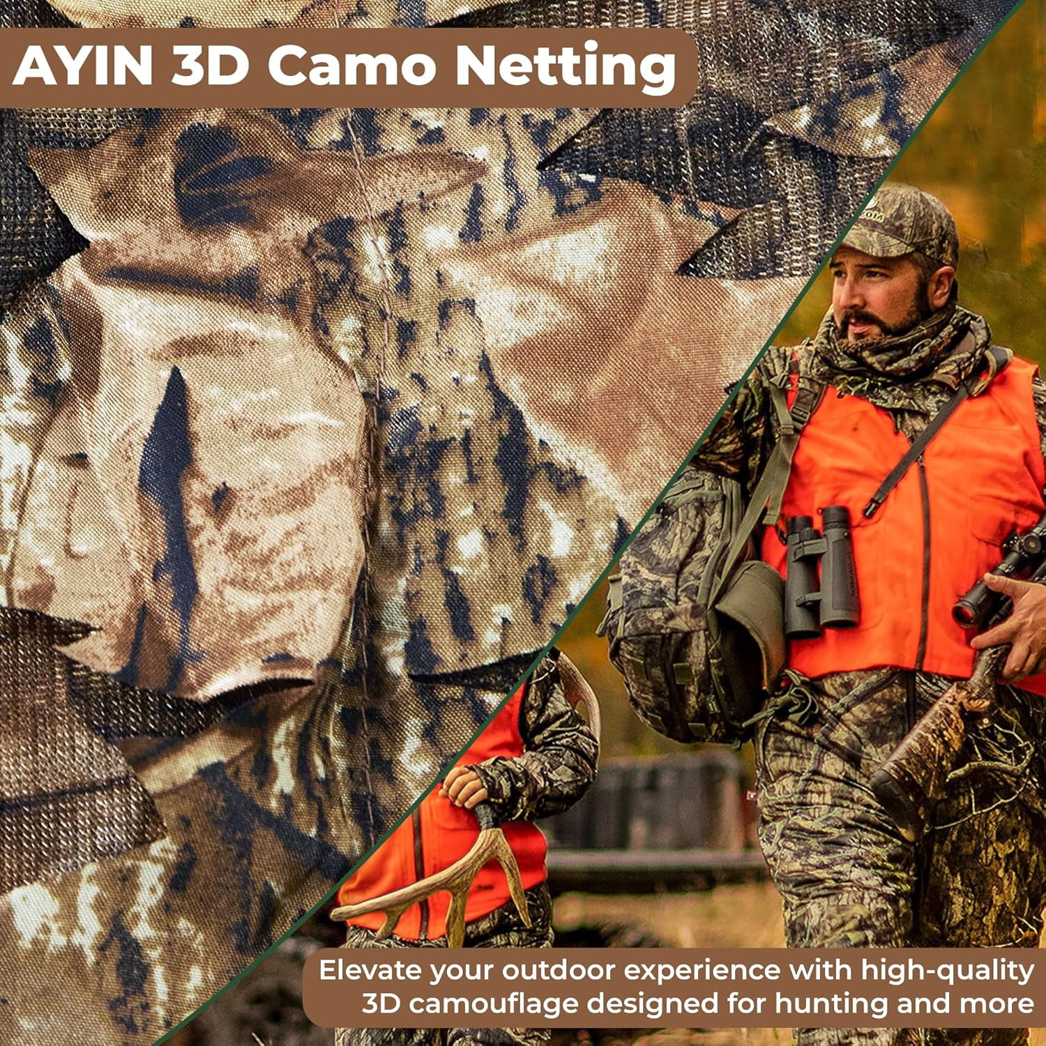 Camo Netting 3D Leafy Camouflage Net for Hunting, Tree Stands Concealment, Traping, Sunshade, Decoration, Shooting, Paint Ball and More, 5 ft X 12 ft (Autumn Brown)