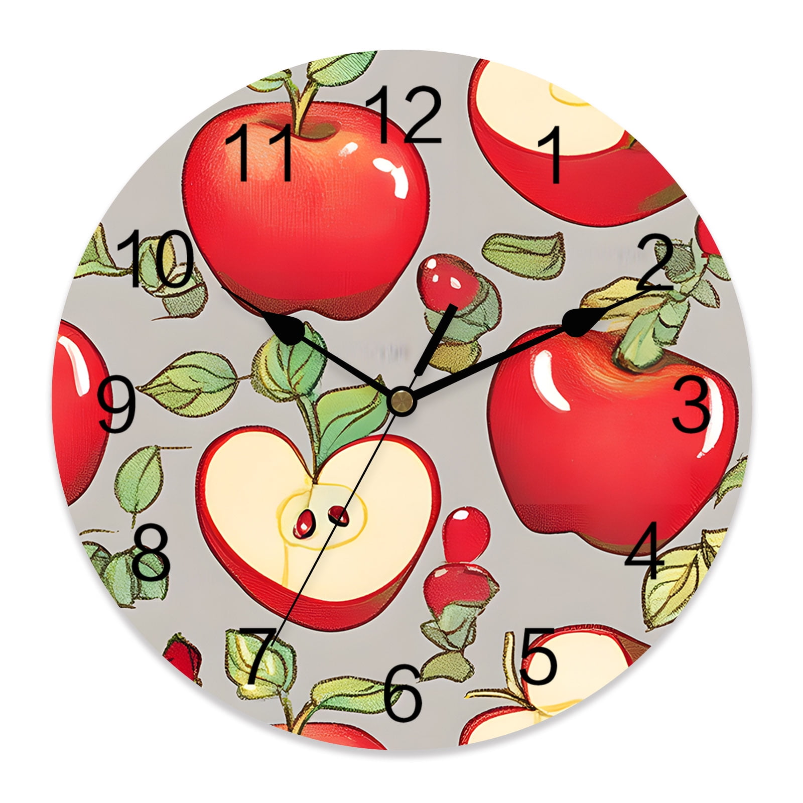 10 Inch Apples Wall Clock, Fruits Modern Art Battery Operated Silent Non Ticking Clocks, Easy to Read Round Wall Clock for Kitchen/Living Room/Bedroom/Bathroom