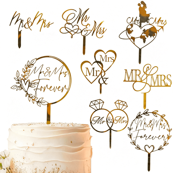 LQSEO 8 Pcs Mr and Mrs Cake Topper, Gold Acrylic Wedding Cake Toppers, Personalized Wedding Cake for Weddings, Engagement, Anniversary，Bridal Shower Cake Decoration