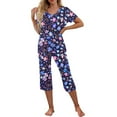 thumbnail image 3 of Womens Pajama Set Trendy Printed V Neck Loungewear Short Sleeved Tops And Pants Set Casual Cozy Sleepwear With Pockets Purple M, 3 of 7