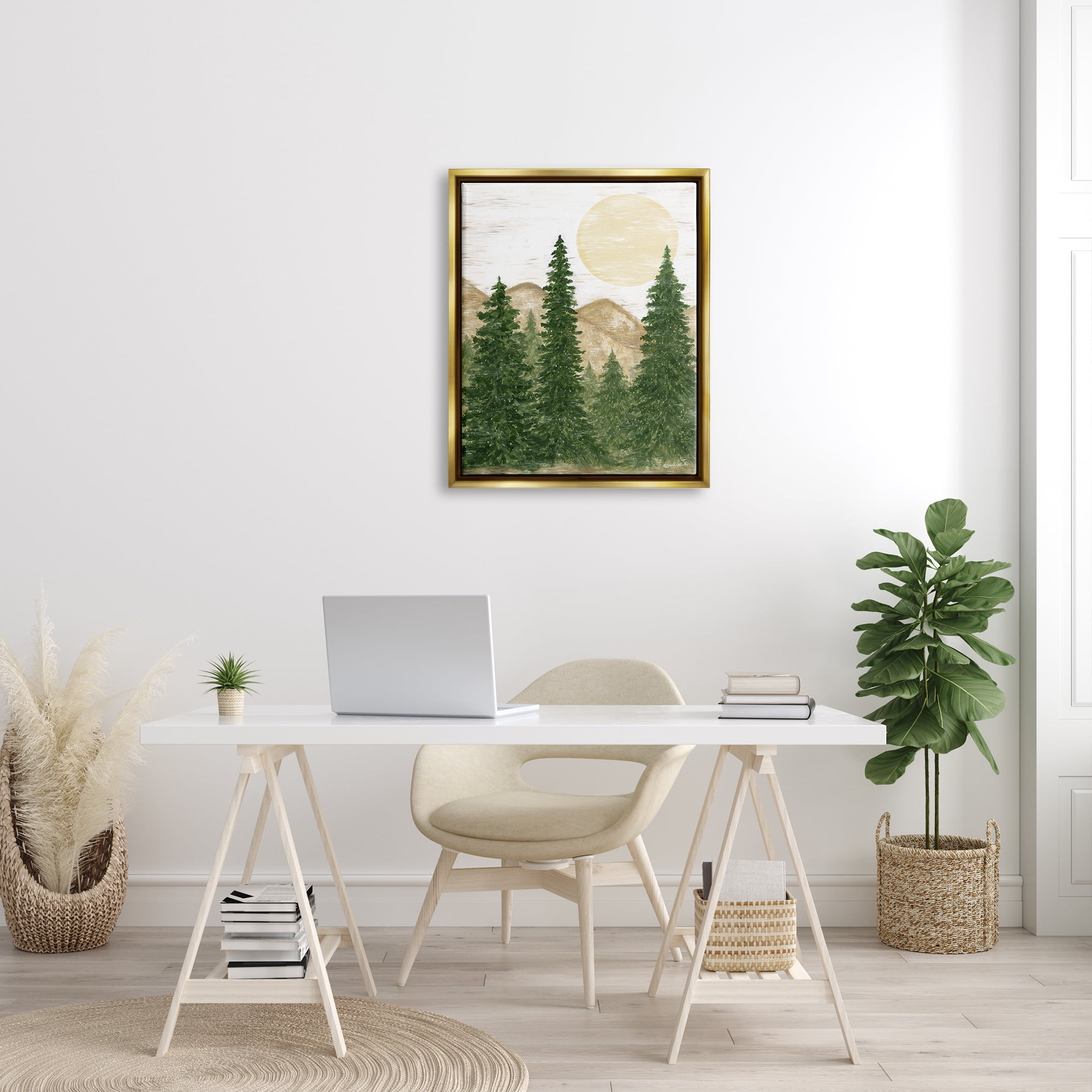 Stupell Rustic Mountain Sun Forest Trees Landscape Painting Gold Floater Framed Art Print Wall Art
