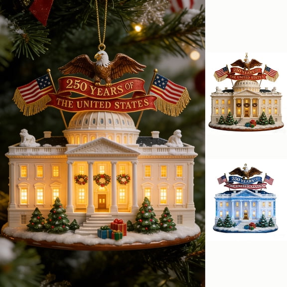 250th Anniversary USA Ornament, White House Design Patriotic 250 Years Decor Holiday Hanging Collectible for History Lovers, Home Patriotic Decorations