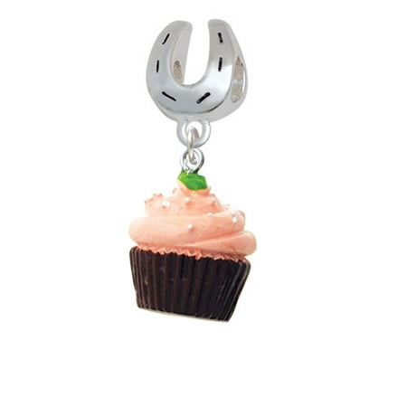 Resin Chocolate Cupcake with Pink Frosting - Horseshoe Charm Bead