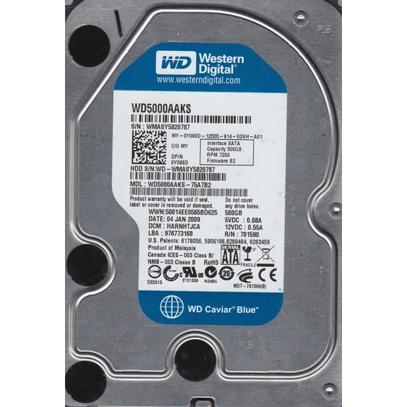 WD5000AAKS-75A7B2, DCM HARNHTJCA, Western Digital 500GB SATA 3.5 Hard Drive
