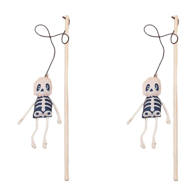 2Pcs Halloween Cat Teaser Wand With Skull Head Pumpkin Feather Bell Interactive Toy For Kittens And Adult Cats A