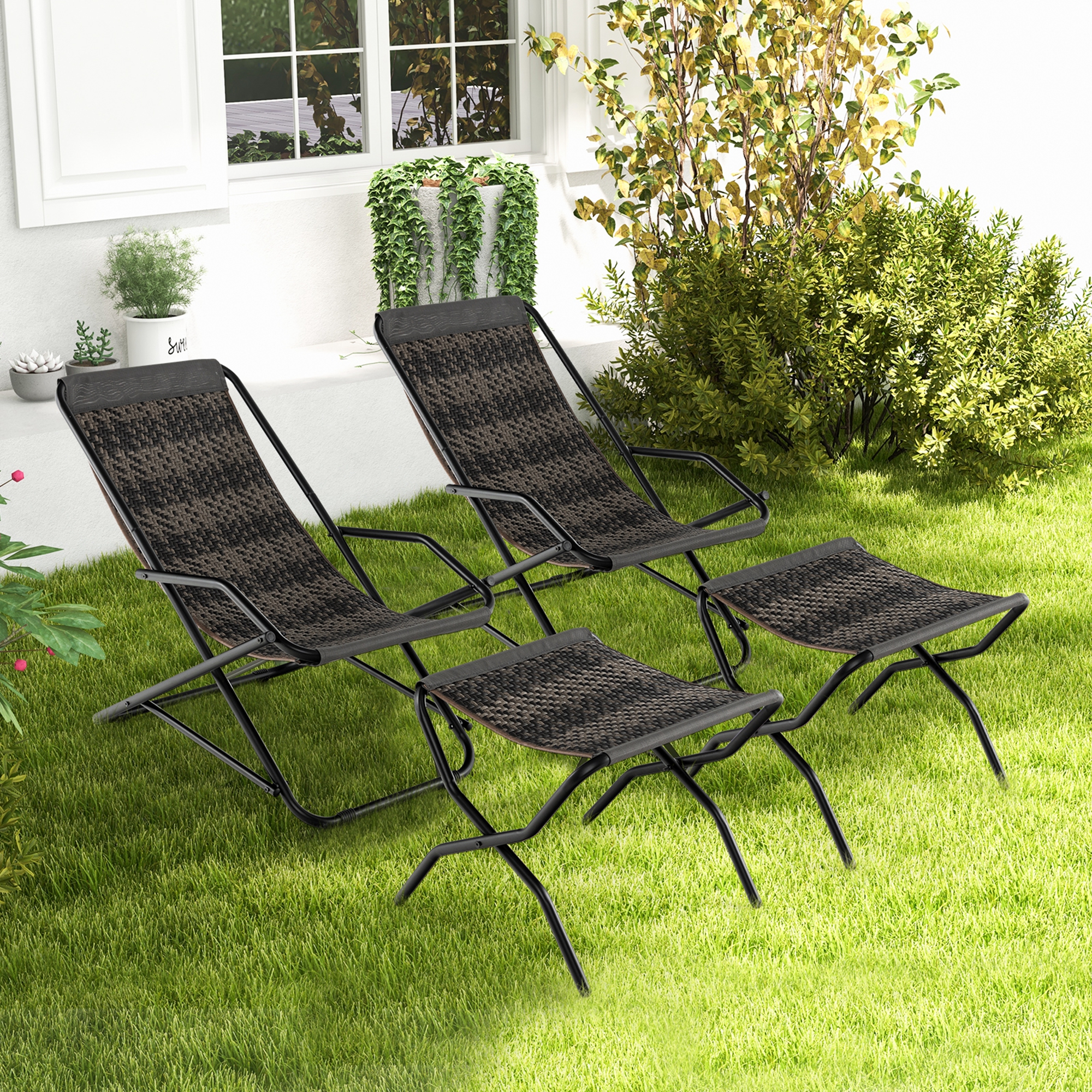 Costway 1 PC Patio Folding Rattan Sling Chair Rocking Lounge Chaise Armrest Garden Portable - image 5 of 8