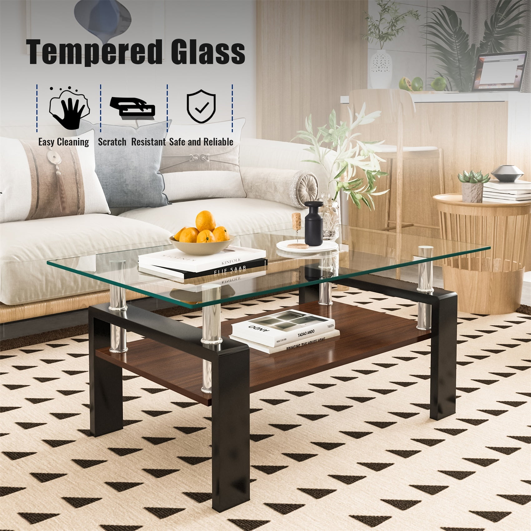 Alvantor Glass Coffee Table, 38.6" Modern Rectangle Tables with Clear Tempered Glass Top and MDF Layer for Living Room Brown