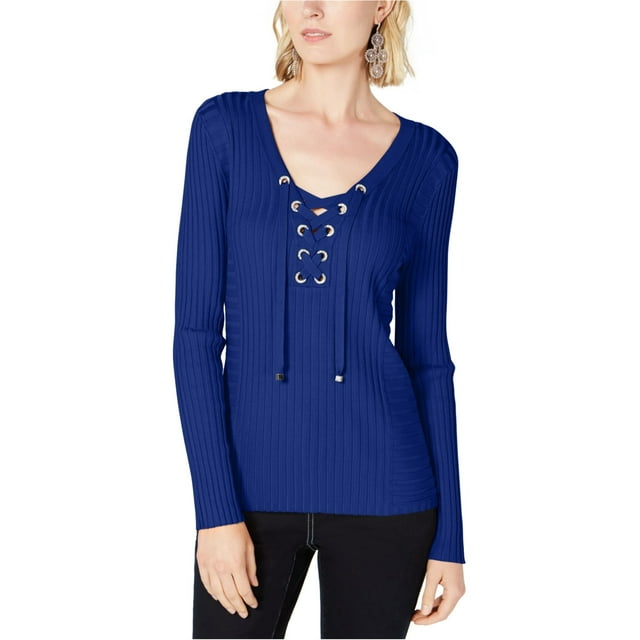 I.N.C Chandail-Over Côtelé avec Strass pour Femmes, Bleu, Grand
