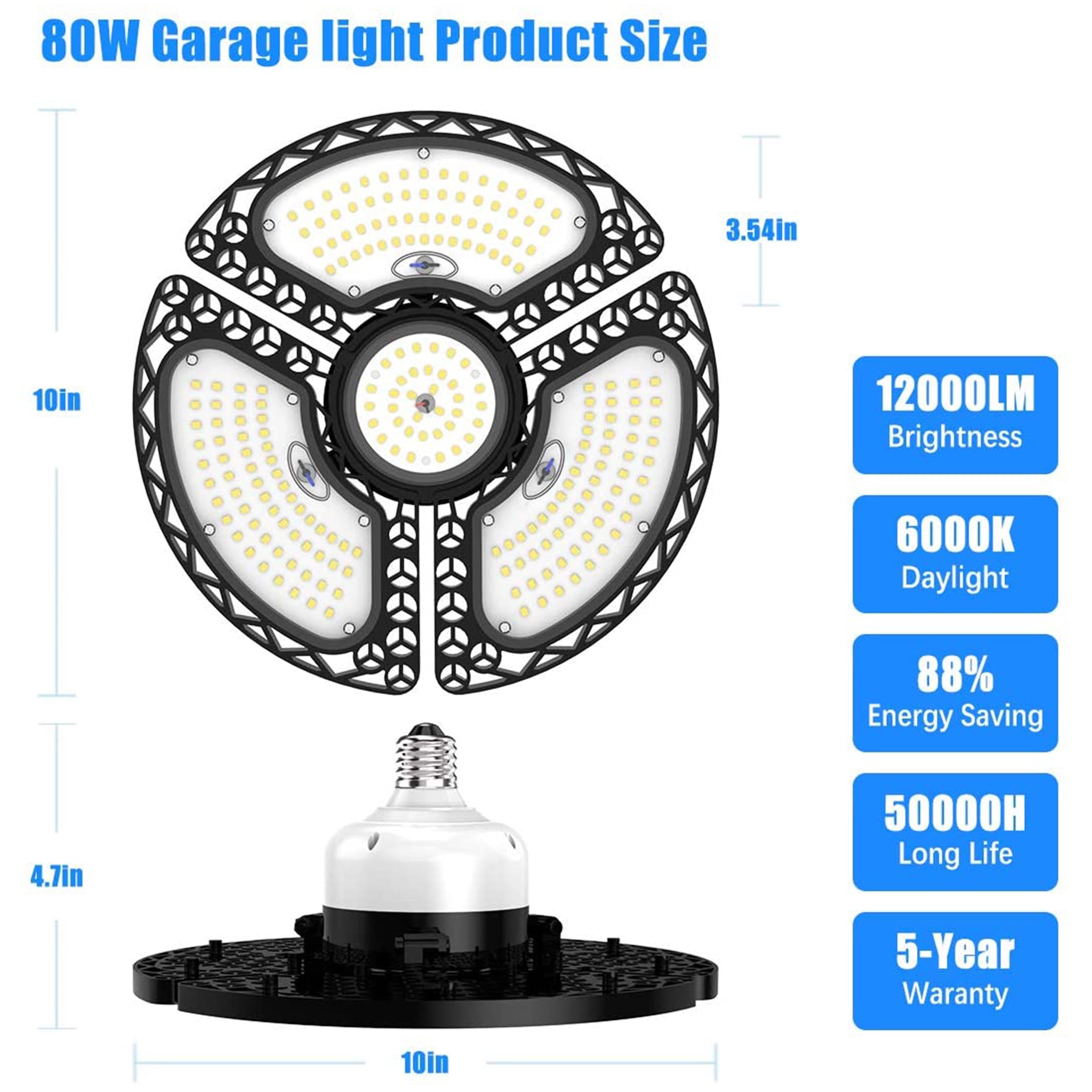 LED Garage Lights, 80W Deformable LED Garage Ceiling Lights 18000 Lumens Led Shop Lights for Garage, Garage Lights with 3 Adjustable Panels