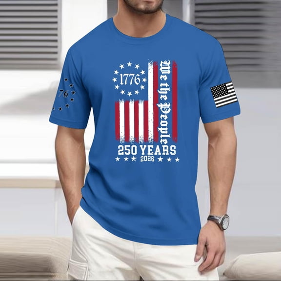 Hogleaql Patriotic 250th Anniversary T-Shirt Men's 1776-2026 Crew Neck American Flag Short Sleeve Tee Patriotic Trendy Independence Day Themed Loose Pullover Blue 4XL