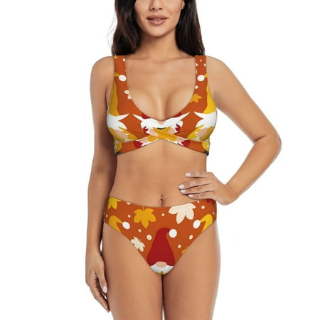 Zeuib Happy Thanksgiving Three Gnomes High Waisted Tummy Control Bikini Set - Knot Front Push Up Top & Cheeky Thong Bottom  Two-Piece Swimsuit for Women-Medium